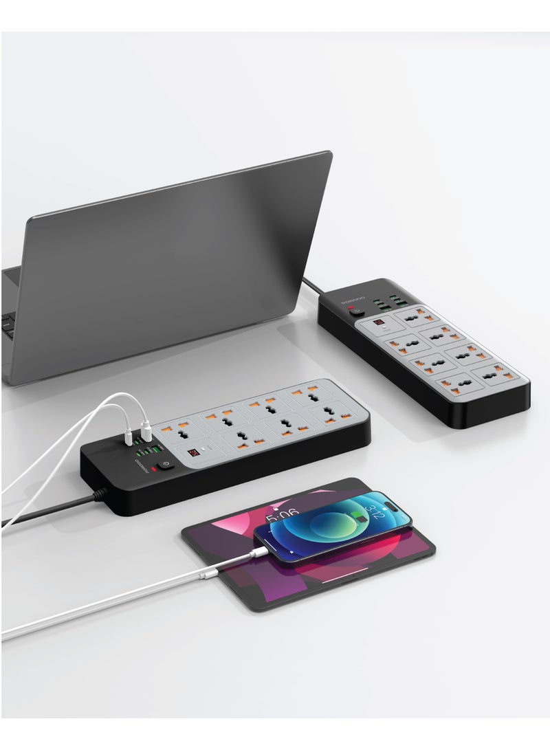 بورودو شريط طاقة عالمي بسلك بطول 3 أمتار، 6 منافذ USB و7 منافذ تيار متردد، 3000 وات / محطة شحن سريع / مؤقت 24 ساعة / حماية مدمجة / للمطبخ، ملحقات المكتب المنزلي - رمادي - Image 2